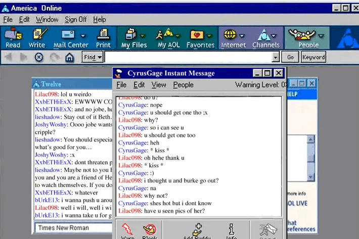 Screenshot from Twelve "ebook". Now exists as a website, twelve.chat Various windows are open showing AOL instant messenger chat windows. 