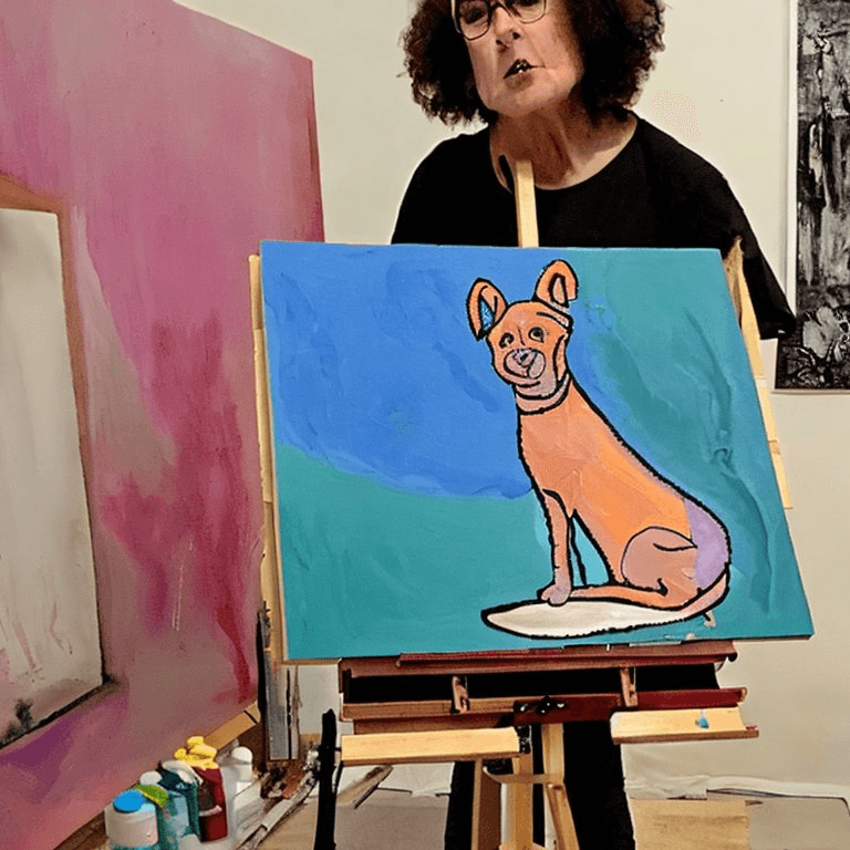 An image of the artist in her studio. She stands with the top of her head cropped out, behind a painting of a dog. She has a black shirt, glasses and curly mid-length hair.